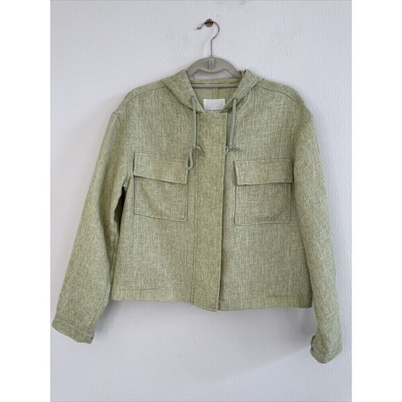 AVEC LES FILLES Green Knit Linen Blend Zip Front Hooded Boxy Jacket Size M - Picture 1 of 10